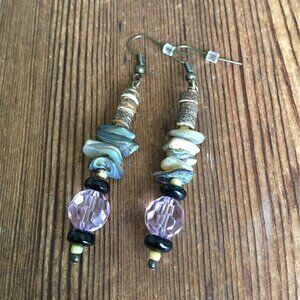 *Pink and Shell Beaded Dangle Earrings, Handmade Ladies Earrings